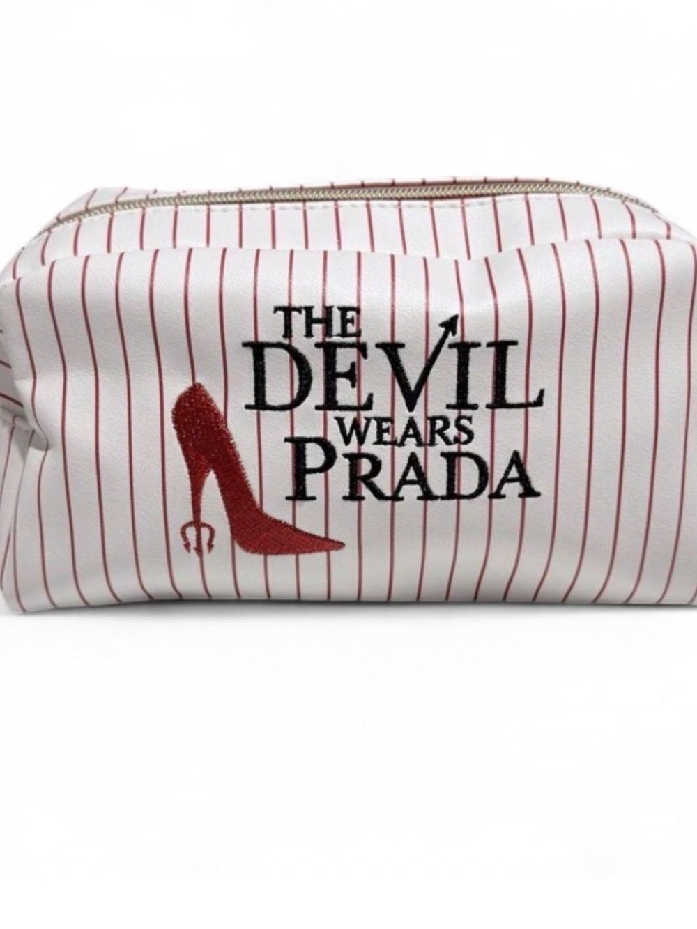 Prada White Cosmetic Pouch with Red Pinstripes and Embroidered Logo